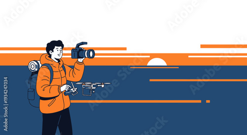 Travel Photographer with Backpack and Drone Captures Sunset Over Water