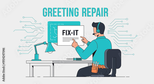 Tech Support Person Fixing Computer Screen with "Fix-It" Message