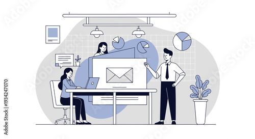 Teamwork Business Meeting with Presentation Screen and Email Icon