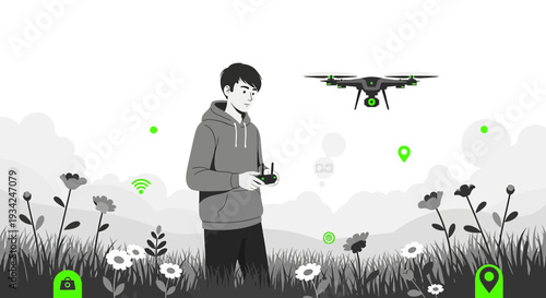 Teenager flying drone in nature, technology and outdoor hobby