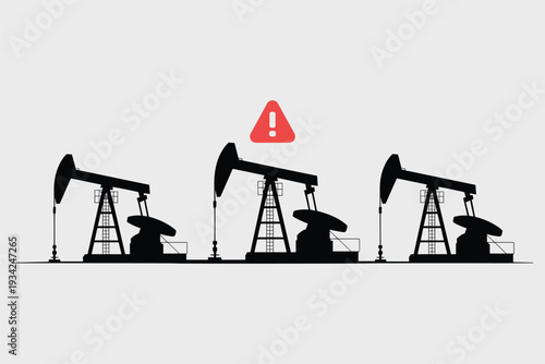 Oil Pumps Operating with Warning Sign, Energy Industry Risk Concept