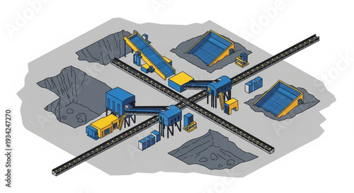 Industrial mining site with machinery and conveyor belts.
