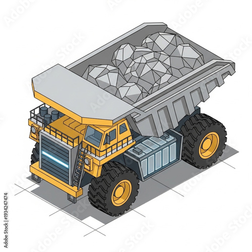 Isometric illustration of a yellow mining dump truck carrying rocks.