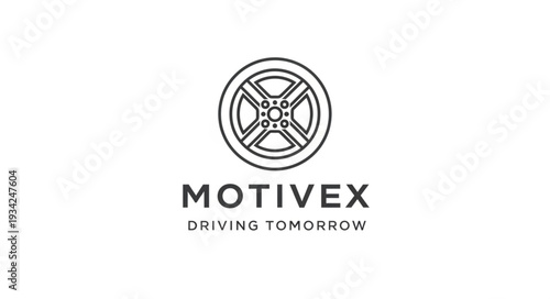 Motivex logo design with wheel emblem and driving tomorrow slogan.