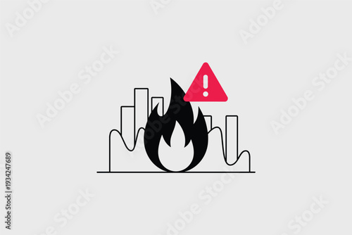 City Skyline in Flames with Danger Alert Symbol, Urban Crisis Concept
