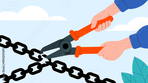 Person cutting a chain with bolt cutters outdoors in daytime