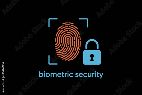 Biometric security system with fingerprint and padlock on dark background