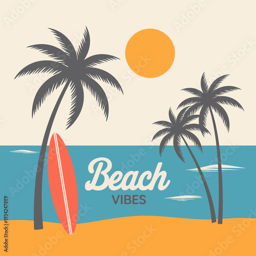 Beach scene with palm trees and surfboard on sandy shore by ocean water