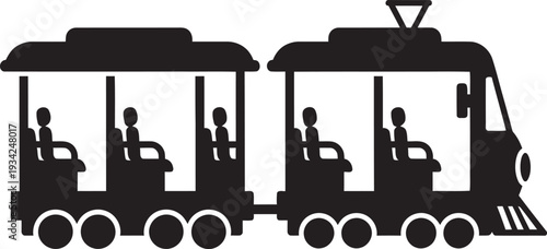 Simple black silhouette icon of a vintage tram or train with passengers for public urban transportation.