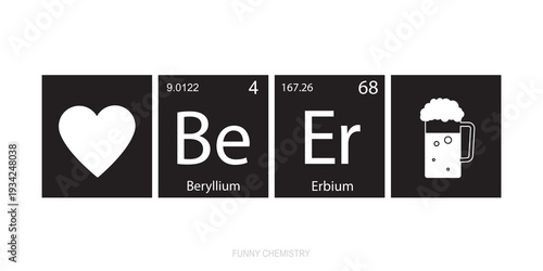 Chemical elements of the periodic table. Funny chemistry, phrase - I love and drink Beer. Monochromatic design for web, print or art. Printable banner for decoration.