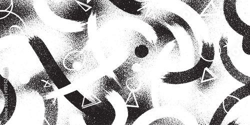Black and white abstract background with swirling brush strokes, dots, and geometric shapes