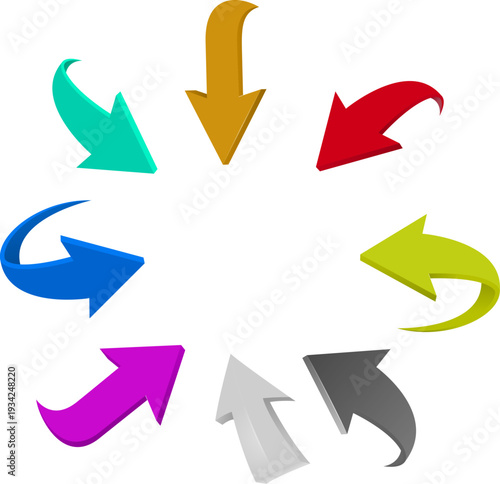 カラフルな立体カーブ矢印アイコンセット｜方向・循環・ナビゲーションを表現するポップで汎用性の高い3Dデザイン素材