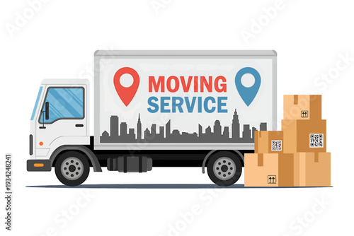 Moving service truck with boxes and city skyline illustration