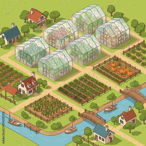 Isometric illustration of a sustainable farm with greenhouses and waterway.