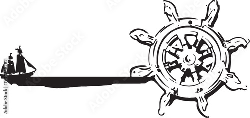 Vector nautical steering wheel with ship silhouette