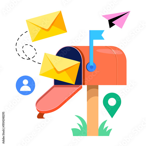 Colorful illustration of mailbox with envelopes and icons on white background