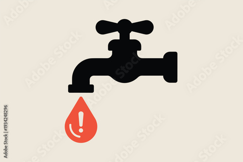 Leaking Faucet with Warning Symbol for Water Scarcity, Resource Conservation Concept