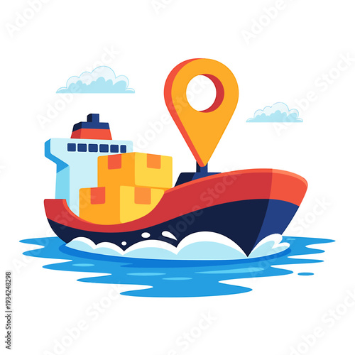 Cargo ship with location pin on water with clouds  transportation and logistics concept