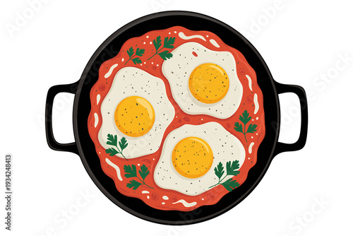 Fried eggs in a pan with tomato sauce and herbs on white background