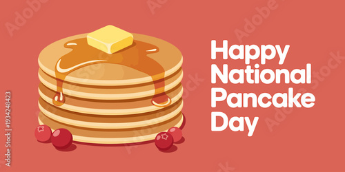 Stackofpancakeswithbutterandsyrupandberriesonredbackground