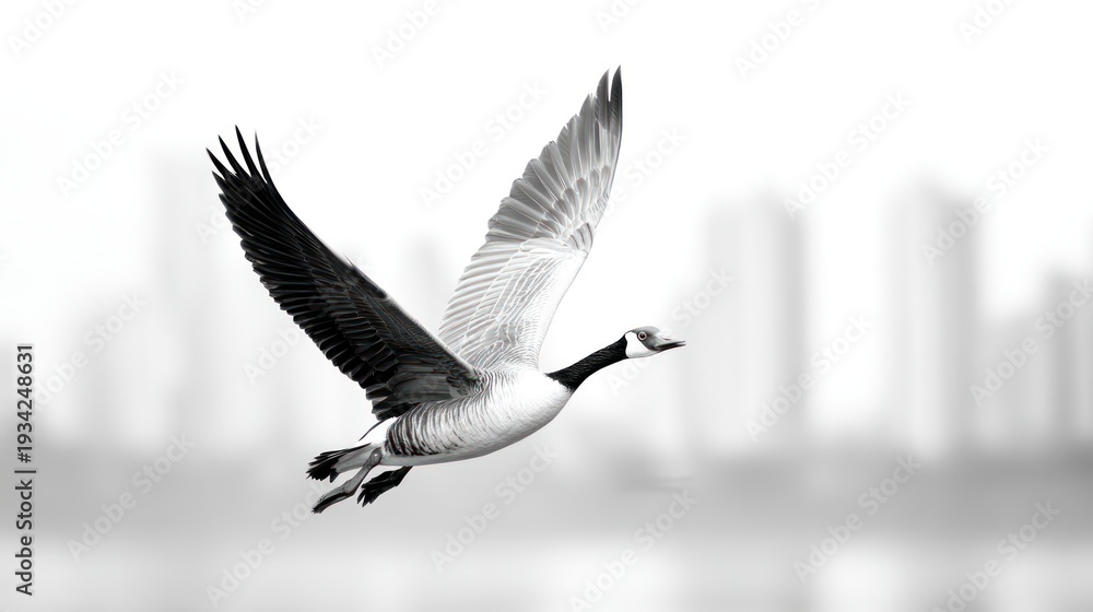 Obraz premium Soaring goose against a bright sky with blurred city backdrop