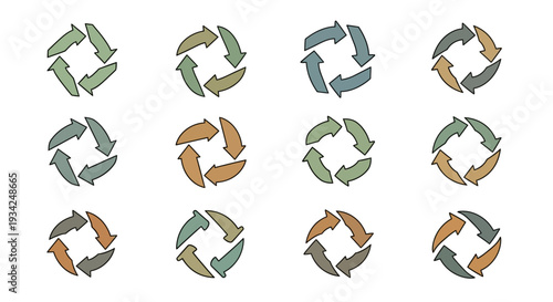 Circular Arrows Refresh Recycle Icons Set in Muted Colors