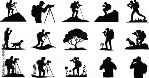 Black silhouette photographer illustration set showing outdoor photography activities, hiking explorers with camera and tripod