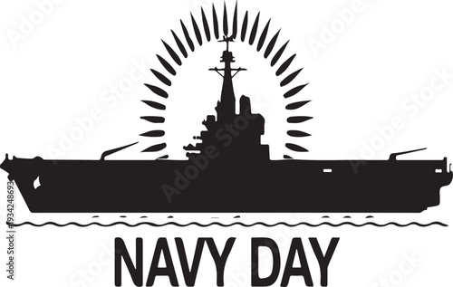 Navy Day vector icon with warship and sunburst