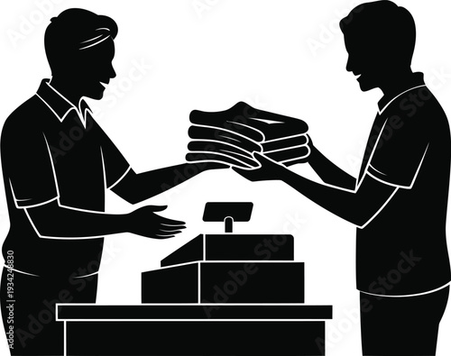 Two professionals exchanging documents in an office setting