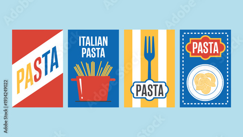Four colorful pasta banners on light blue background for food and cuisine design