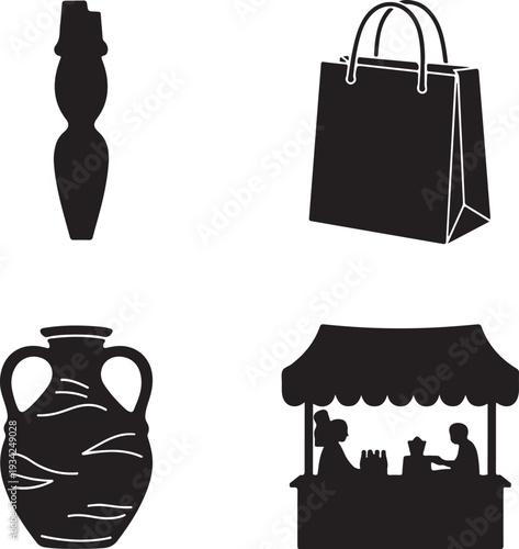 Four black silhouette amphora shopping bag market stall