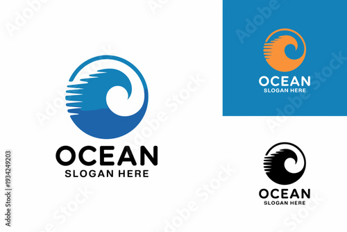 Ocean wave logos with slogan and different color schemes
