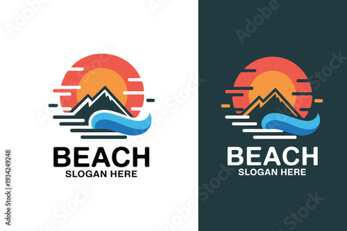 Beach logo with mountain and sunset design  travel and tourism symbol