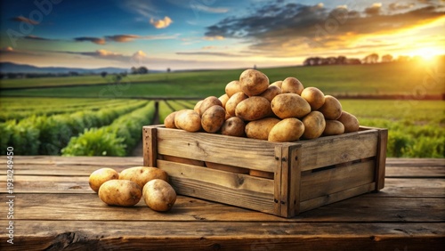 Rustic wooden crate overflowing with freshly harvested potatoes, sitting on a weathered wooden surface against a vibrant sunset over a sprawling field