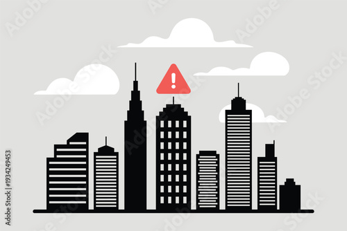 City Skyline with Warning Sign for Urban Risk Alert, Public Safety Concept