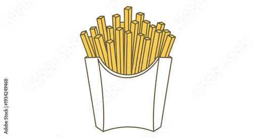 Illustration of golden french fries piled high inside a white paper container