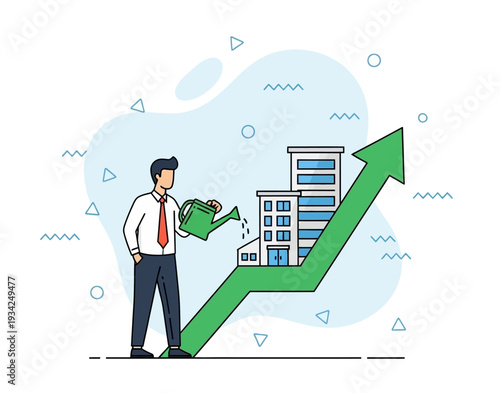 Business growth and development illustration a businessman watering a building that is part of an upward trending graph