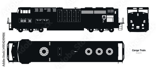Isolated diesel cargo train silhouette. Black drawing of locomotive. Shape blueprint. Railway delivery. Side, top and front railroad vehicle view
