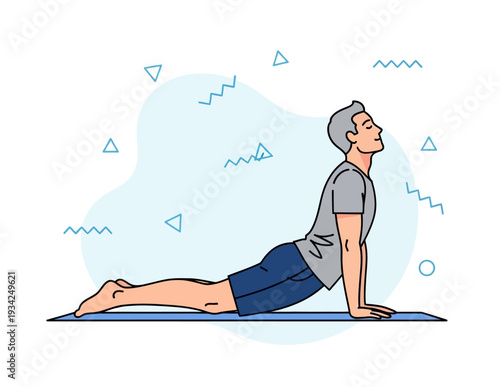 Man doing yoga cobra pose on mat in flat vector style symbolizing mindfulness, physical flexibility and healthy lifestyle