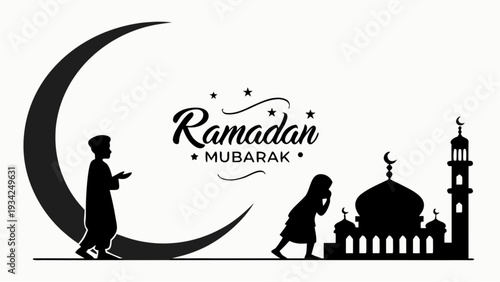 Crescent moon silhouette with people and mosque illustration for Ramadan Mubarak greeting