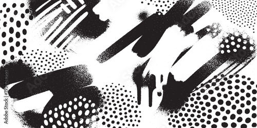 Bold Black and White Grunge Background with Broad Brush Strokes, Dripping Paint, and Prominent Halftone Dot Patterns