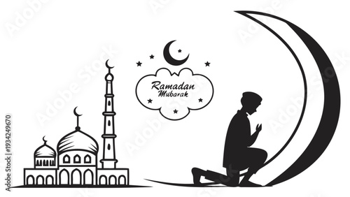 A person kneeling in prayer on a crescent moon with a mosque in the background during Ramadan, viewed from the side.