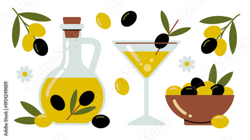 Cartoon illustration of olives and olive oil in bottle and martini glass