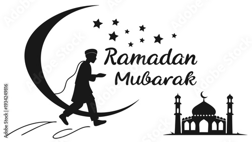 A person walking beside a crescent moon with stars and a mosque in the distance, celebrating Ramadan, in a minimalist black line art style