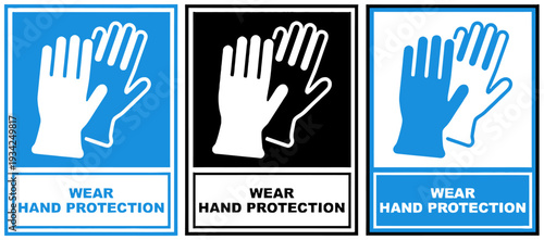 Wear hand protection safety signs with glove icons  warning labels