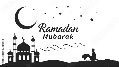 Ramadan Mubarak typography with crescent moon outline and mosque silhouette illustration at dusk with stars shining in the night sky