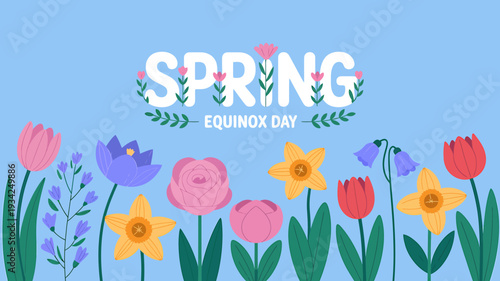 Spring equinox day colorful flowers and leaves on blue background