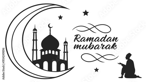 Ramadan mubarak celebration with mosque and crescent moon silhouette, person praying under stars, vector illustration