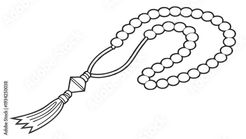 An illustration of tasbih beads in modern line art style, featuring prayer beads, spirituality, and cultural heritage, presented in a simple, isolated environment