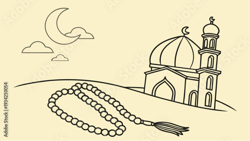 Tasbih beads lying in front of a mosque with a crescent moon in the sky, line art style illustration